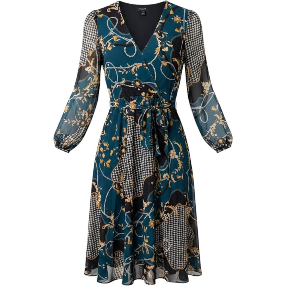 Ann Taylor Womens Dress Teal Black 0P Mixed Print Chain Houndstooth Chiffon